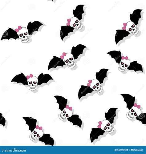 Scattered Skulls With Pink Bow And Bat Wings Seamless Pattern Stock