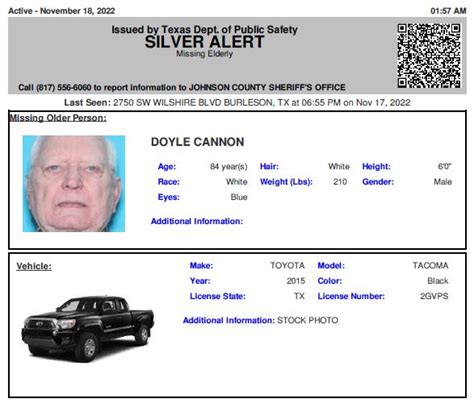 Texas Alerts On Twitter ACTIVE SILVER ALERT For Doyle Cannon From