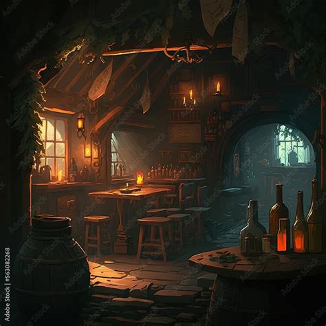 Warm lit friendly medieval fantasy tavern inn, lanterns, concept art interior, adventuring ...