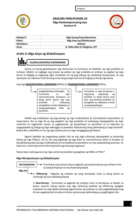 Ap Handout A Handouts For Araling Panlipunan Subject Prudencia D