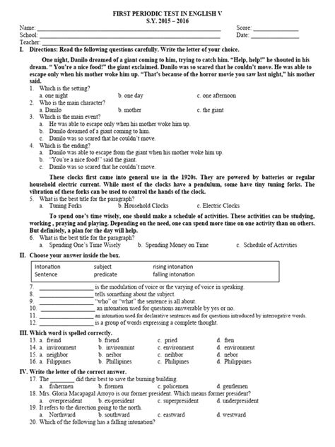 First Periodic Test In English V 2 Pdf