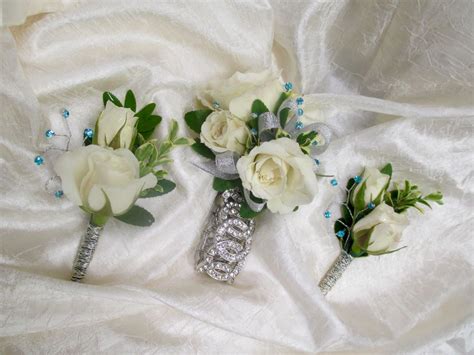 Wrist Corsage Double Boutonniere Set White Majolika Roses Silver