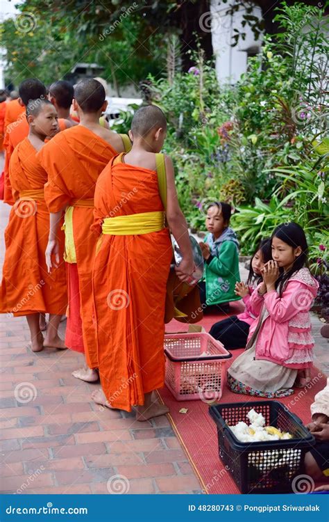 Buddhist Monks Daily Ritual Of Collecting Alms And Offerings Editorial