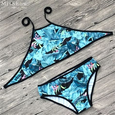 Misshow Sexy Leaf Women Bikinis Printed Push Up Halter Bikini Set