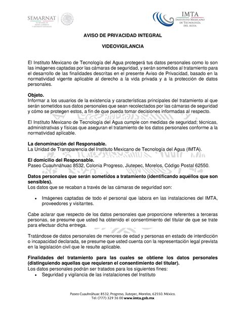 Aviso Privacidad Camaras AVISO DE PRIVACIDAD INTEGRAL VIDEOVIGILANCIA