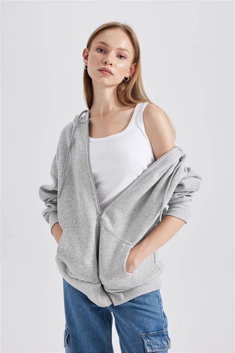 Grey Woman Oversize Fit Hooded Thick Sweatshirt Fabric Cardigan