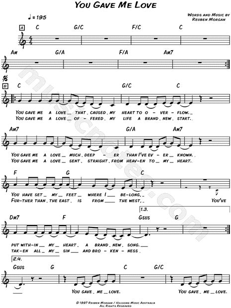 Hillsong "You Gave Me Love" Sheet Music (Leadsheet) in C Major (transposable) - Download & Print ...