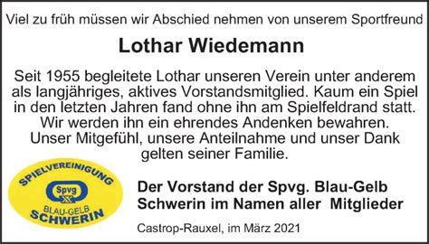 Traueranzeigen Von Lothar Wiedemann Trauer In NRW De