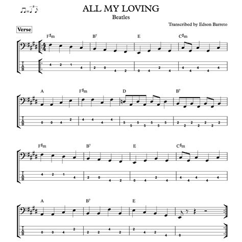 ALL MY LOVING Beatles Bass Score Tab Lesson