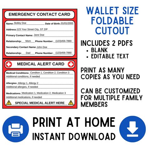 Emergency Contact Card Medical Alert Card Printable Etsy