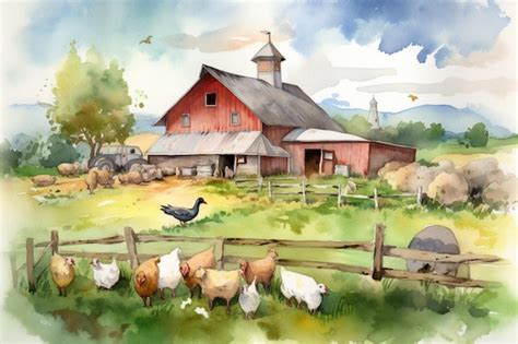 Premium Photo A Painting Of A Barn With Chickens In Front Of It