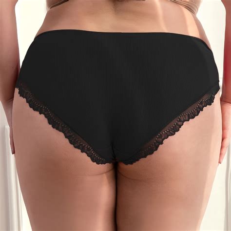 Plus Size Cotton Ribbed Contrast Lace Trim Panties Womens Plus Solid Color High Stretch Elegant