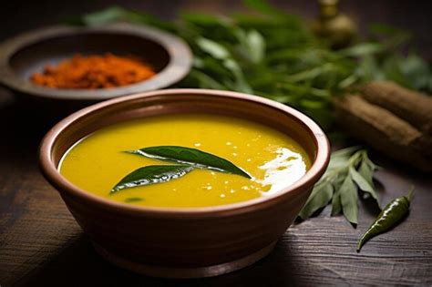 Un Plato De Sopa Con Una Hoja Verde Al Lado Foto Premium