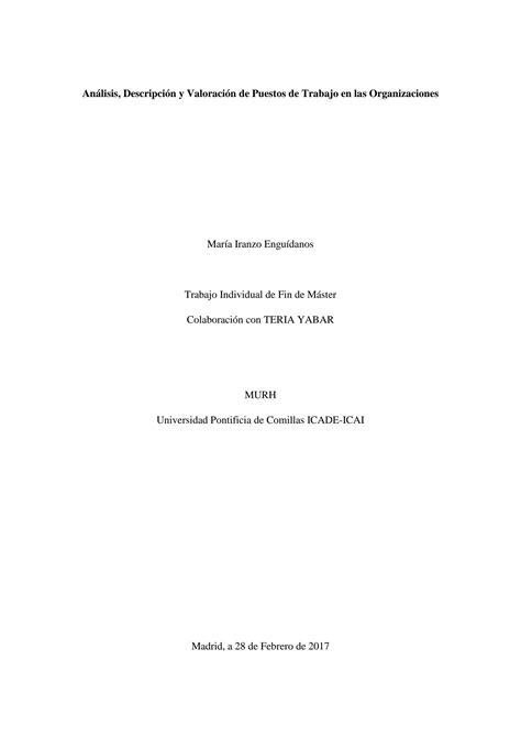 Solution An Lisis Descripci N Y Valoraci N De Puestos De Trabajo En
