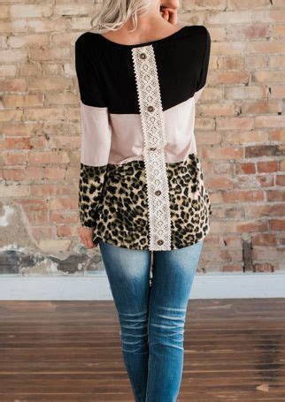 Color Block Leopard Printed Back Button Blouse Fairyseason