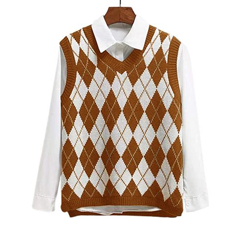 Esobo Womens V Neck Knit Sweater Vest Argyle Plaid Preppy Style