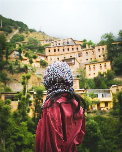 Tourist Woman Stand Enjoy Scenic Masuleh Village Panorama In North East