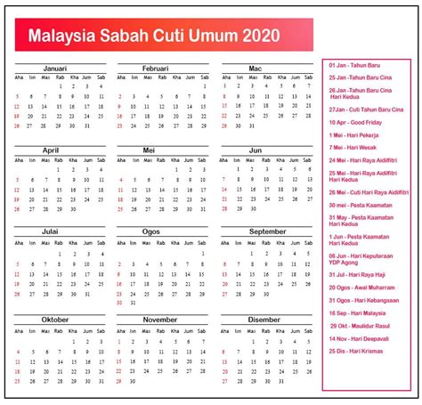 Sabah Cuti Umum Kalendar 2020 ️