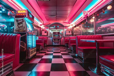 Retro Diner Booth with Neon Lights Vintage Americana Inspired Setting ...