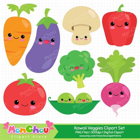 Cute Vegetables Clipart Kawaii Veggies Clipart Set Instant Etsy Ireland