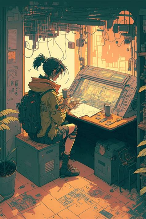 Cyberpunk Girl At Work On Office Desk In 2023 Animated Drawings