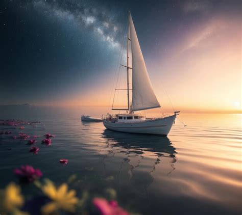 Premium AI Image A Boat With A White Sail And A Starry Sky Above It