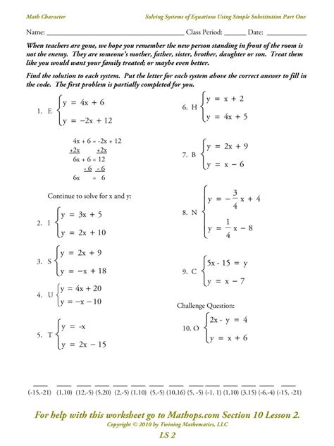 Solving Systems Of Linear Equations Substitution Worksheet Equations