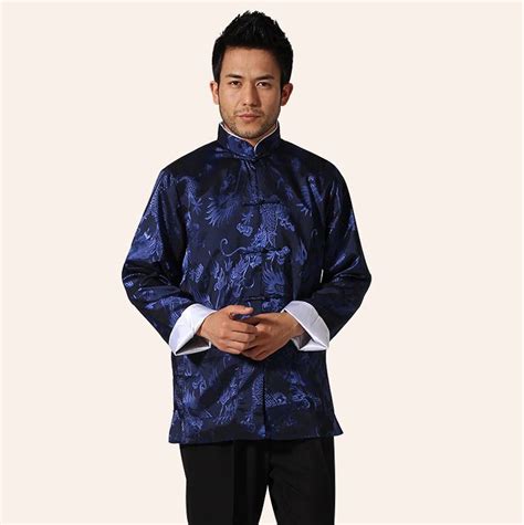 Navy Blue Traditional Chinese Men Silk Satin Jacket Novelty Kung Fu