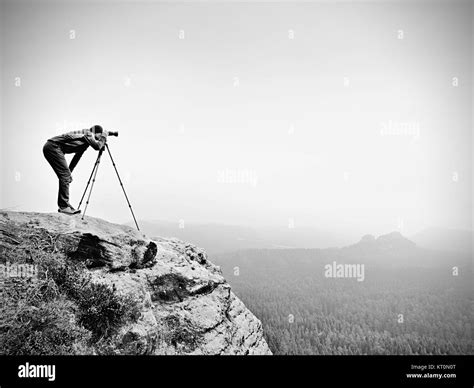 Wildlife Photographer On Mountain Summit Works Man Like To Travel And