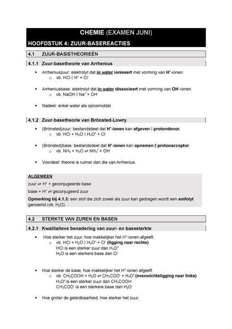 Chemie Samenvatting Chemie Examen Juni Hoofdstuk Zuur