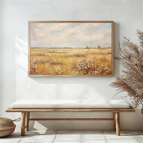 Printable Wheatfield With Wildflowers Oil Painting Vintage Digital