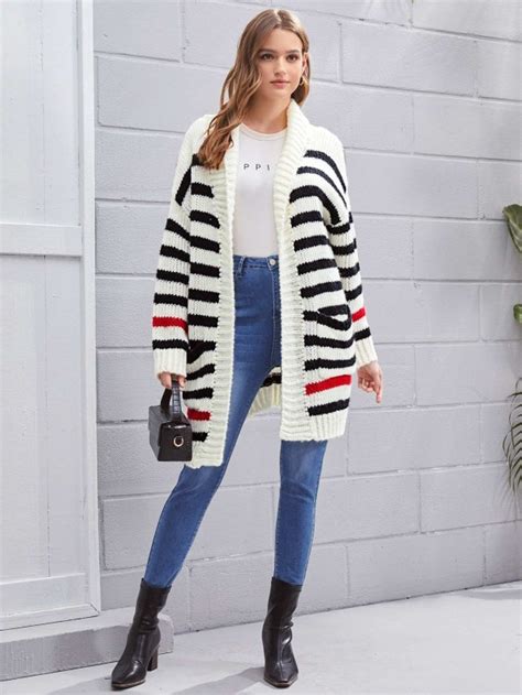 SHEIN Drop Shoulder Patch Pocket Striped Cardigan