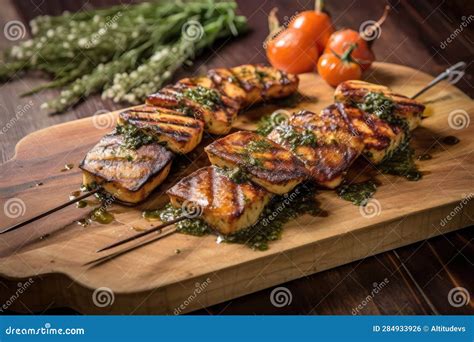 Grilled Halloumi With Char Marks On Cedar Plank Stock Illustration