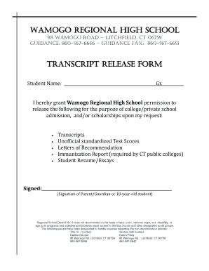 Fillable Online Transcript Release Form Wamogo Regional High School Fax