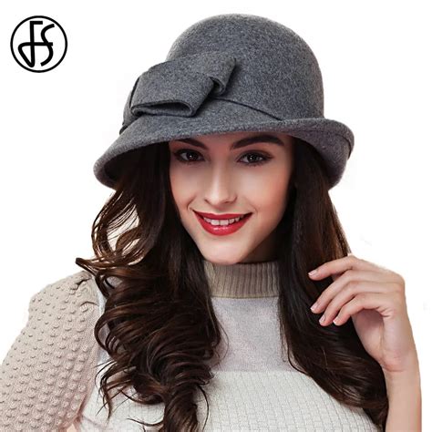 Fs Elegant Bowknot Ladies Wool Felt Bowler Black Red Fedora Hats For Women Wide Brim Vintage