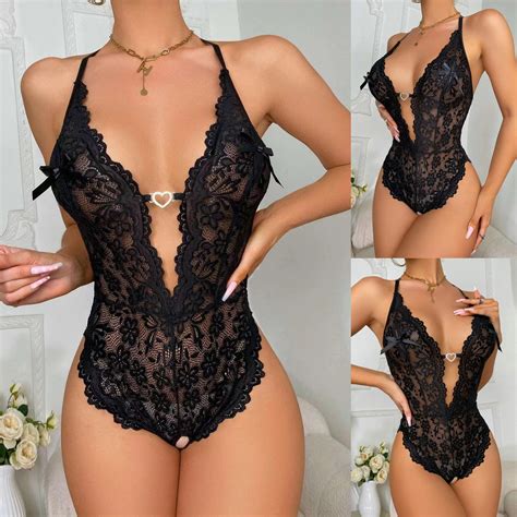 Xhjun Women S Lace Snap Crotch Sexy Deep V Neck Lingerie Set With One