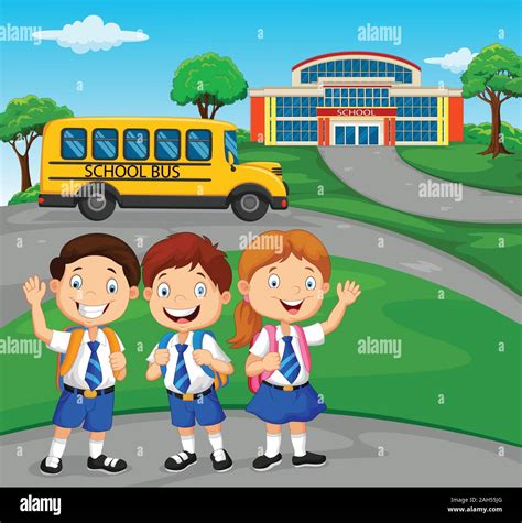 Happy school children in front of the school Stock Vector Image & Art ...