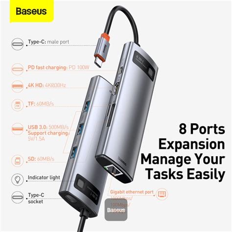 Baseus Online Baseus Metal Gleam Series 8 In 1 Multifunctional Type C Hub Docking Station Grey