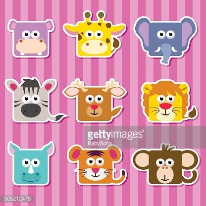 Set Of Cute Cartoon Square Wild Animals Stickers Stock Clipart ...