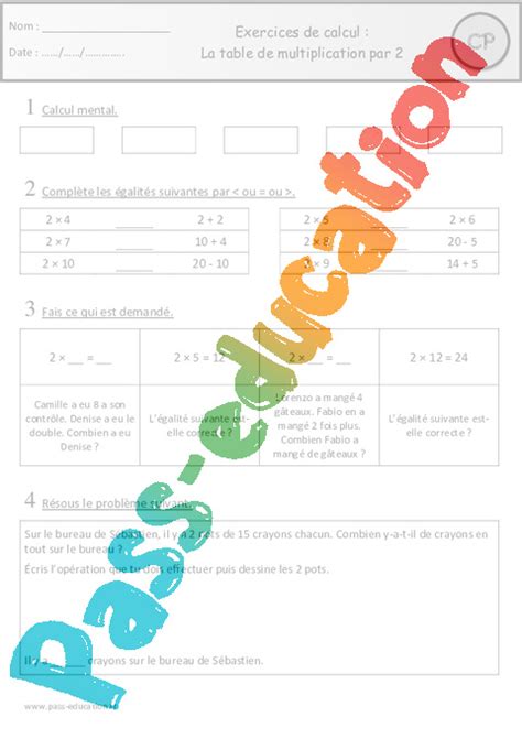 Exercices Table de multiplication par 2 Cp Cycle 2 PDF à imprimer