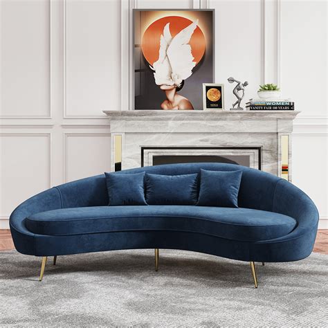 Modern Blue Velvet Curved Seater Sofa Gold Legs Toss Pillow