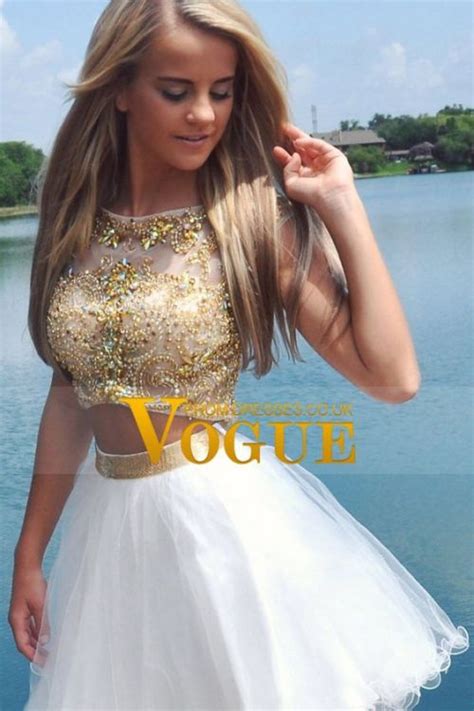 Two Piece A Line Short White Homecoming Dresses With Gold Beaded Bodice