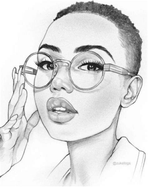 a pencil drawing of a woman with glasses on her face and hand near her eye