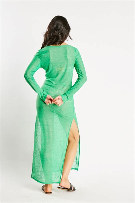 Sheer Long Sleeve Beach Cover Up Dress Green Just 3