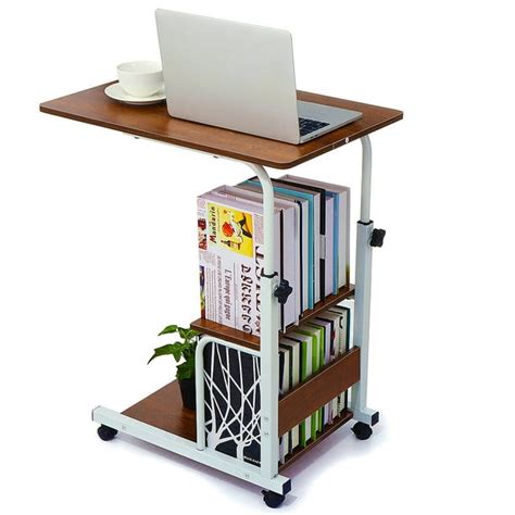 Adjustable Height Mobile Laptop Desk,Rolling Laptop Cart with 2 Tier Storage Shelves, Over Bed ...