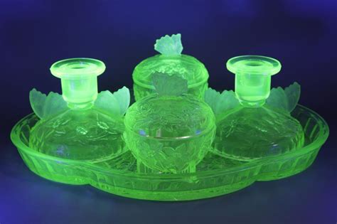 At Auction RARE SOWERBY PRESSED URANIUM GLASS DRESSING TABLE SET