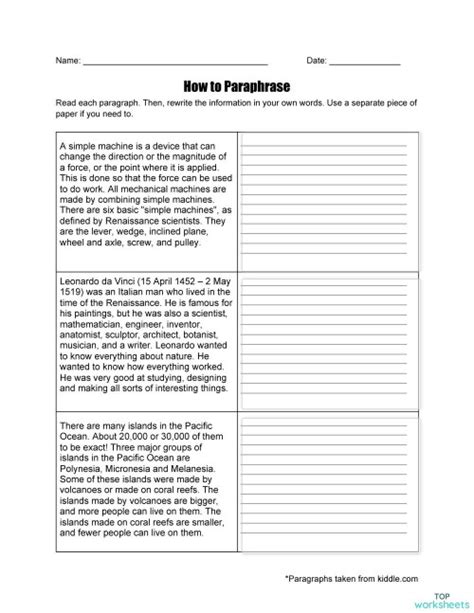 Paraphrasing Worksheet Interactive Worksheet Topworksheets