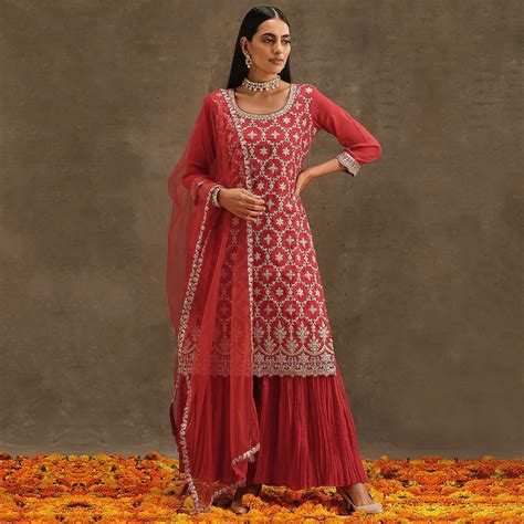 Red Embroidered Georgette Semi Stitched Suit