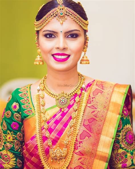 South Indian Bride Gold Indian Bridal Jewelry Temple Jewelry Jhumkis Pink And Green Silk