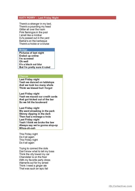 Last Friday Night Lyrics By Katy Per English ESL Worksheets Pdf Doc